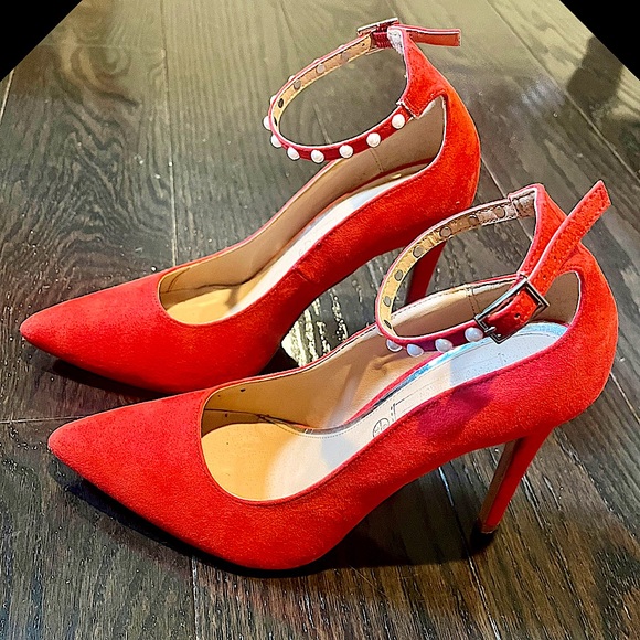 Nasty Gal Truffle Collection Red Pointed Toe Heels w/ Pearl Studded Ankle Straps - Picture 2 of 16